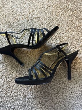 Touch of Nina Black Strappy Heels with Gold Insole